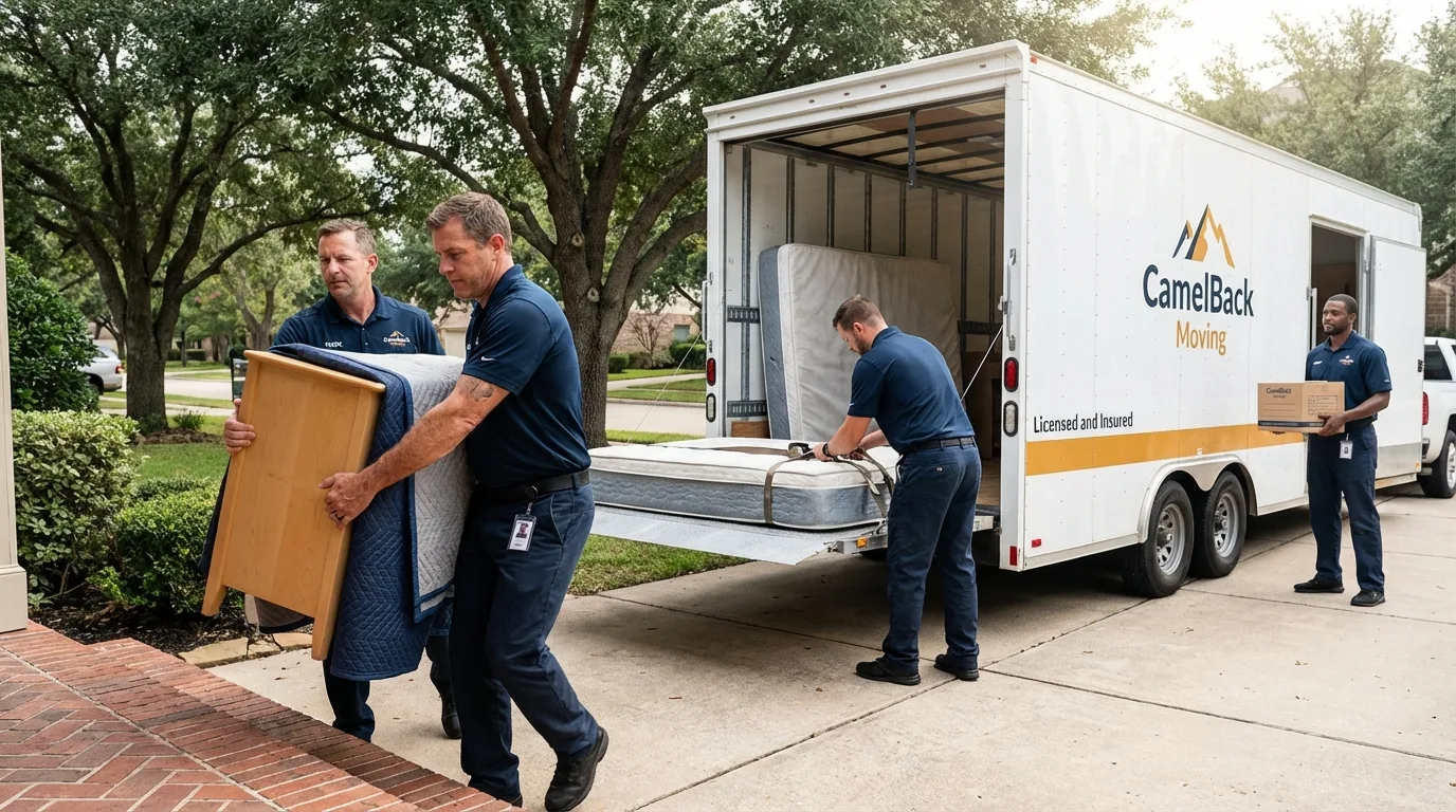 Crew loading residential truck for cross-state move from Broadview, IL