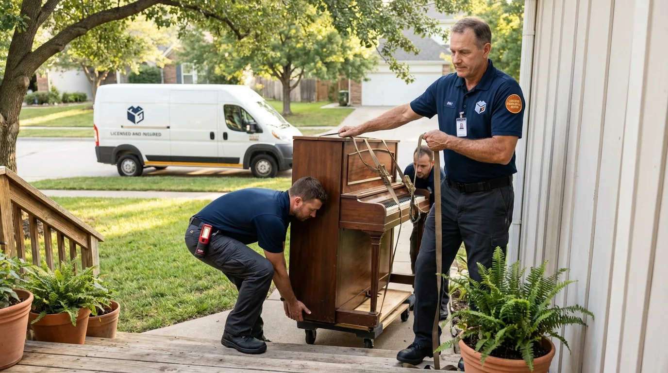 Licensed piano movers securing grand piano in Broadview, IL