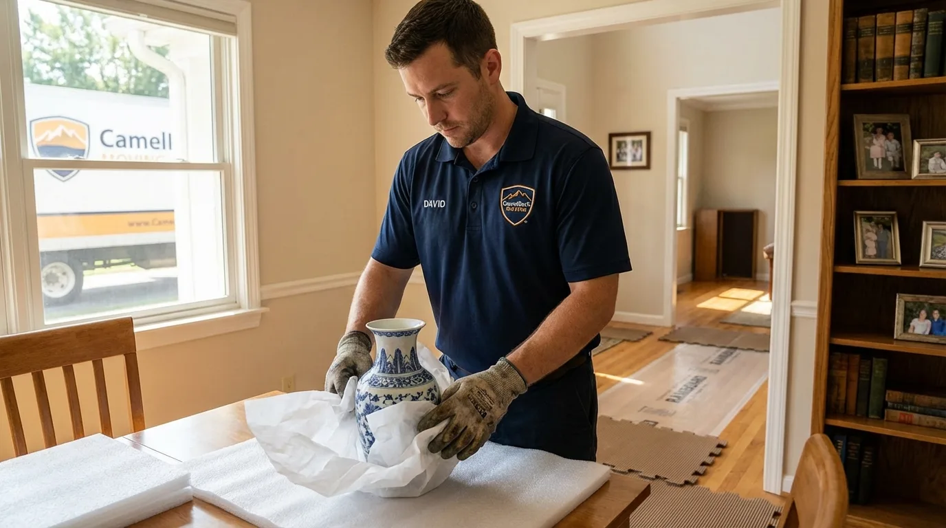 Professional crew carefully wrapping antique vase for senior downsizing move in Broadview, IL